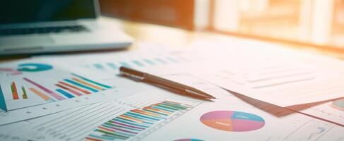 The analysis of business data showing charts and graphs on a workspace. photo