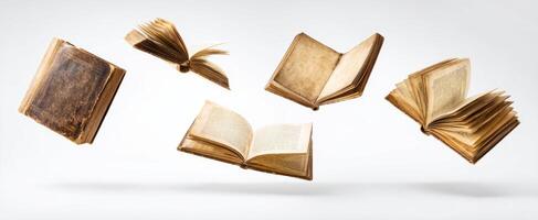 The enchanting display of floating vintage books in a captivating artistic arrangement. photo