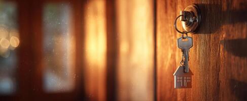 The key hanging on a wooden door symbolizing new beginnings and homeownership. photo