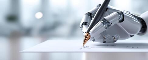 The robotic hand expertly writing with a gold-tipped pen on paper. photo
