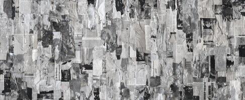 The abstract collage of monochrome newspaper pieces creating visual texture. photo