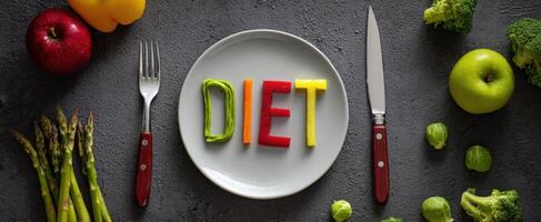 The vibrant arrangement of fresh vegetables spelling DIET on a plate. photo