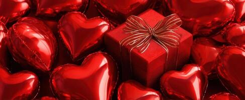 The vibrant red gift surrounded by heart-shaped decorations for romance. photo