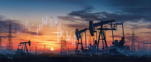 The Oil Pumps Silhouetted Against a Stunning Sunset with Energy Graph Overlay photo