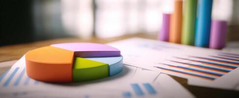The colorful pie chart alongside business analysis papers in a bright office setting photo