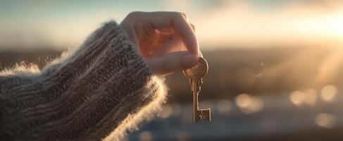 The Golden Key Held in Hand Against a Beautiful Sunset Background photo
