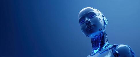 The Futuristic Robot with Sleek Design Against a Dark Blue Background photo