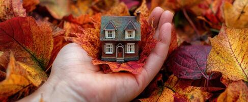 The miniature house resting in a hand among colorful autumn leaves. photo