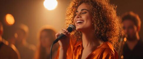 The vibrant singer captivating the audience with her joyful performance. photo