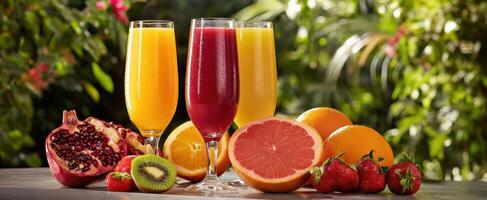 The delicious assortment of vibrant fruit juices and fresh ingredients on display. photo