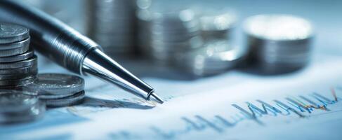 The pen resting on financial reports with coins representing investment growth. photo