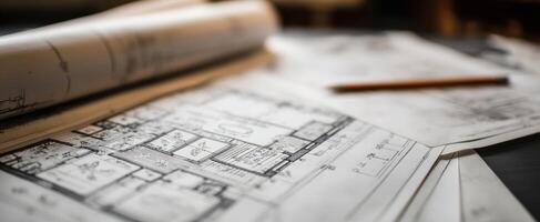 The architectural blueprint laying flat on a workspace with drafting tools. photo