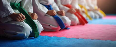 The young martial artists preparing for training in a dojo environment. photo