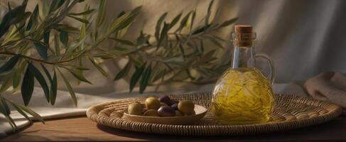 The Olive Oil Bottle Surrounded by Fresh Olives on a Wooden Tray photo