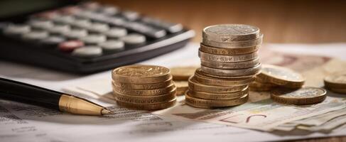 The coins stacked on financial documents with a calculator and pen. photo
