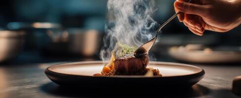 The hand elegantly garnishing a smoky gourmet steak dish in a fine dining setting. photo