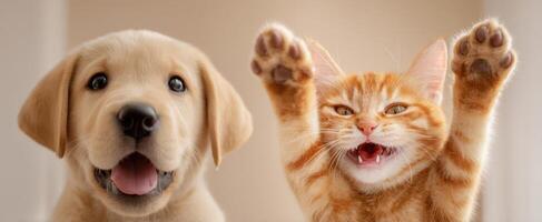 The joyful puppy and kitten enjoying a playful moment together in harmony photo