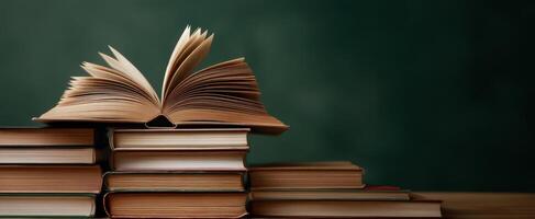 The open book on top of a stack inviting readers to explore knowledge. photo