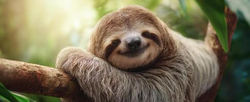 The charming sloth resting on a tree branch in a lush rainforest setting. photo