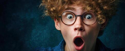 The surprised teenager with curly hair and glasses expressing astonishment in vibrant portrait. photo