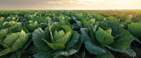 The vibrant cabbage field illuminated by the warm glow of sunrise. photo