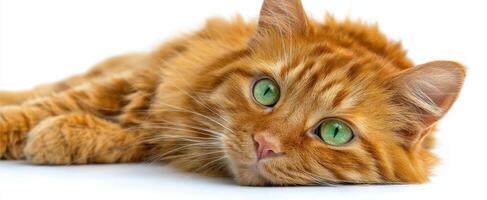 The adorable orange cat with captivating green eyes relaxing peacefully. photo