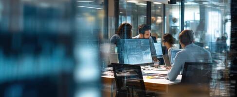 The professionals collaborating in a modern office environment with data visualization screens. photo