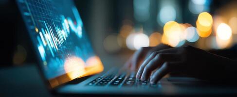 The laptop displaying financial data amidst a professional nighttime environment. photo