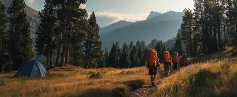 The breathtaking journey of hikers with backpacks through a tranquil mountain landscape. photo