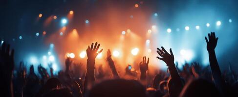 The vibrant atmosphere of a lively concert with cheering crowd and illuminated hands. photo