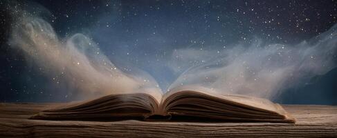 The magical book opening under a starry night sky with ethereal smoke. photo