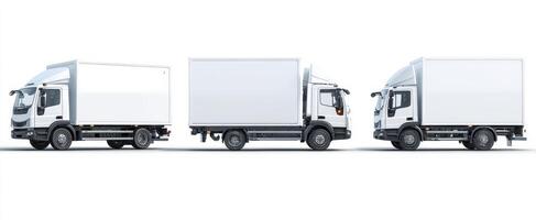 The white delivery trucks lined up for transport and logistics services. photo