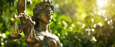 The impressive statue of Lady Justice surrounded by vibrant greenery and soft sunlight. photo