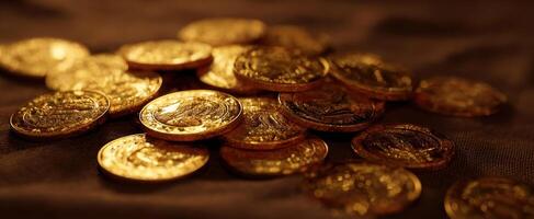 The collection of gleaming gold coins arranged beautifully on a surface. photo