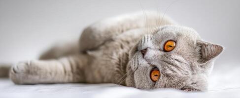The adorable cat with striking orange eyes relaxing on a cozy bed. photo