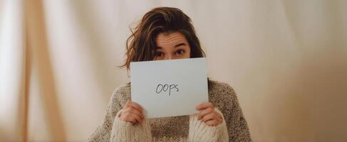 The woman expressing surprise while holding an 'Oops' sign in a cozy setting. photo