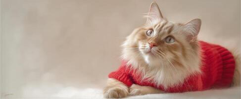 The adorable cat wearing a cozy red sweater in a soft indoor setting. photo