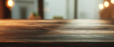 The exquisite wooden table capturing warm light in a cozy interior setting. photo