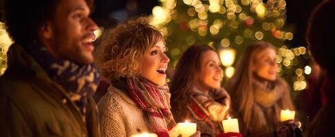 The joyful gathering of friends singing with candles amidst holiday lights. photo