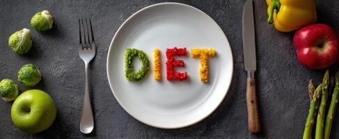 The colorful diet message spelled out with fresh vegetables on a plate. photo
