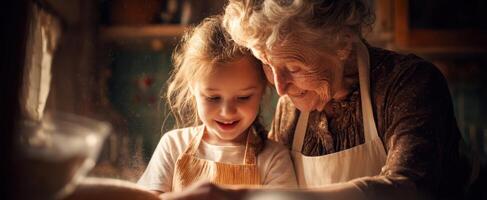 The joyful moment of a grandmother and granddaughter baking together in the kitchen. photo