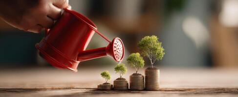 The watering can nurturing money trees for sustainable financial growth photo