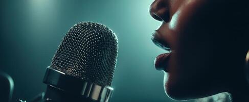 The mesmerizing singer in a captivating performance under soft stage lighting. photo