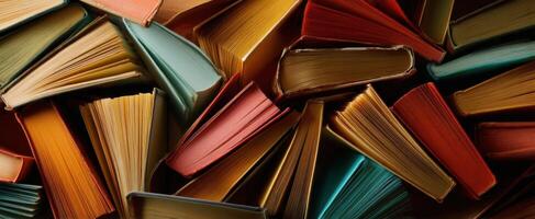 The vibrant display of assorted books arranged in a captivating jumble. photo