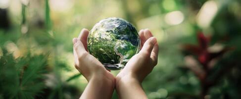 The Hands Holding a Glowing Earth in a Lush Natural Setting photo