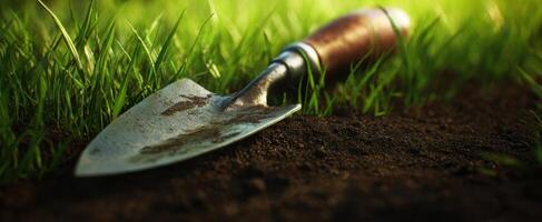 The trowel resting in garden soil amidst vibrant green grass. photo