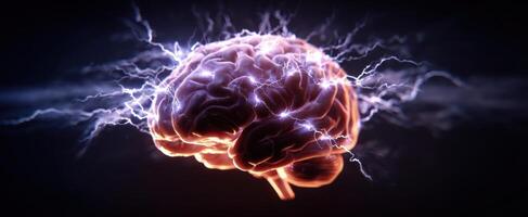 The glowing brain radiating electric energy and vivid connections in dark background photo