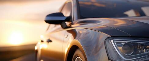 The modern car reflecting the vibrant sunset in a stunning outdoor scene. photo