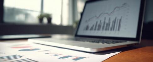The laptop displaying vibrant charts and graphs on a modern office desk. photo