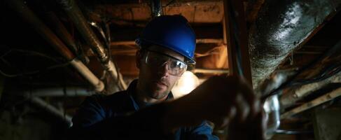 The worker fixing pipes in a dimly lit underground environment. photo